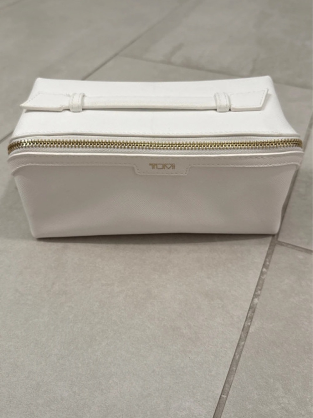 Tumi White Leather Cosmetic Travel Case with Gold Zip
